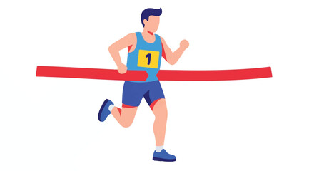 Fototapeta premium Man in blue uniform runs across finish line, winning athletic race