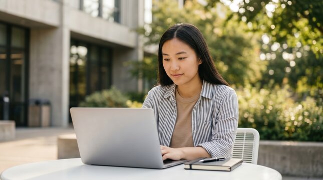Asian female student using laptop at outdoor table on university campus for remote study and digital work