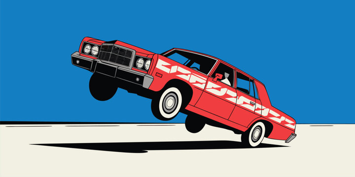 Vibrant red classic sedan jumping against a clear blue sky in pop art style illustration