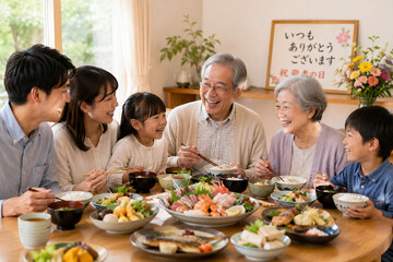 敬老の日に三世代で食卓を囲む家族団らんの風景
