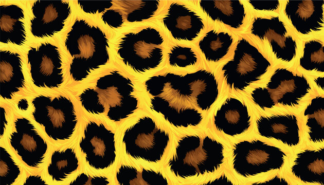 Seamless leopard print pattern, high resolution vector texture featuring stylized wild cat fur with black spots and orange gold highlights, perfect for trendy fashion design and fabric backgrounds.