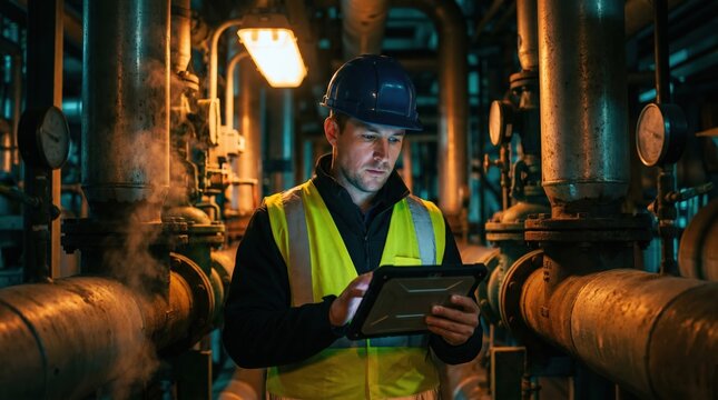 Industrial engineer using digital tablet for technical inspection in factory piping system. Professional technician monitoring plant operations for facility maintenance.