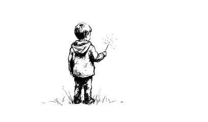 Fototapeta premium Little boy holding sparkler firework pencil sketch vector illustration