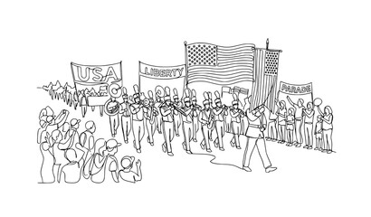 Obraz premium USA independence day parade marching band continuous line art vector