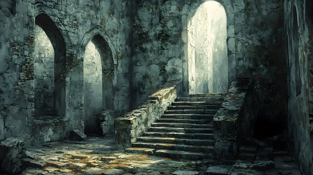 Mysterious Abandoned Archway and Stairs in Eerie Gothic Ruins