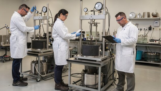 Technicians conduct Marshall mix design testing on asphalt samples measuring stability and flow in a controlled lab setting with specialized equipment and safety gear.