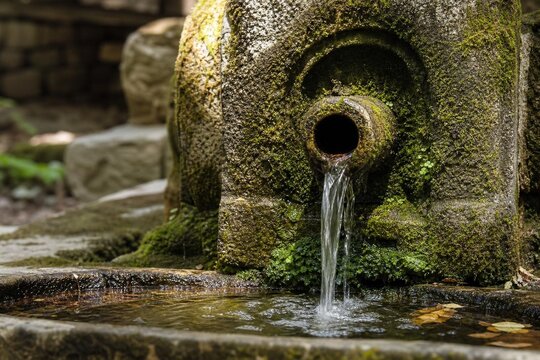 wellhead. Close-up of an ancient mossy stone wellhead with water flowing into a basin. real-estate listings.