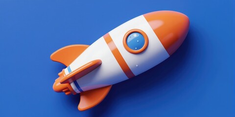 Fototapeta premium Orange and white toy rocket flies on a blue backdrop. Small water droplets cling to its surface. This space model signifies imagination and adventure.