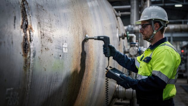 Worker using handheld ultrasonic device to scan equipment linings assessing material thickness and identifying potential acid corrosion risks.