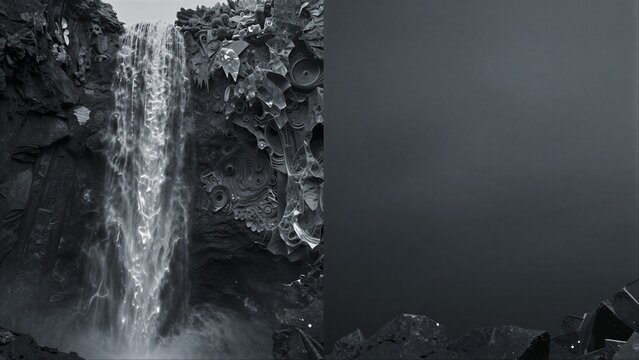A waterfall cascades down a mechanical, intricate cliff face in monochrome.