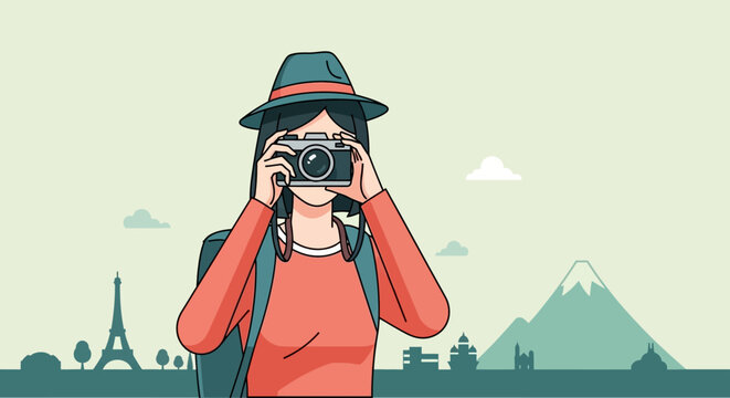 A woman in a hat takes a photo of mountains with a cityscape and Eiffel Tower in the background.