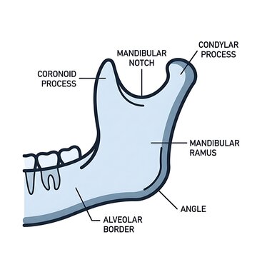 Detailed anatomical diagram of human mandible bone.