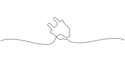 Obraz premium Power plug single line drawing of electric wire connector vector illustration. Minimalist continuous line art vector of an electric power plug for energy tech branding.