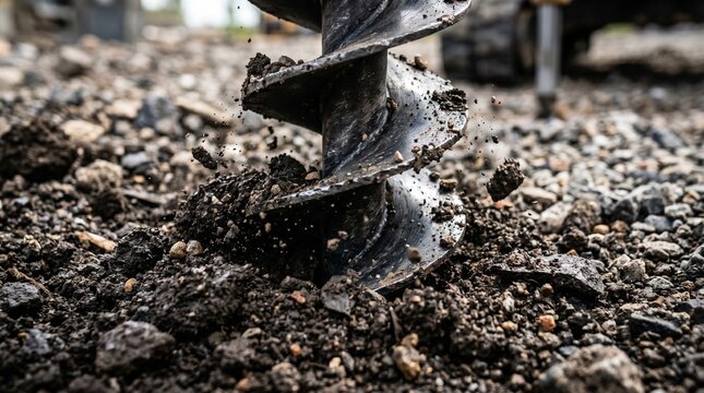 Close up of a heavy duty auger drill bit digging into rocky soil during construction work
