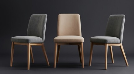 Obraz premium Three modern dining chairs with fabric seats, backs feature slim wooden legs. Neutral tones of grey, beige suit contemporary interiors. Simple yet elegant, furniture set adds minimalist style to room.