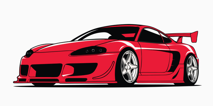 Stylized red vector illustration of a modified sports car with an aggressive wide body kit