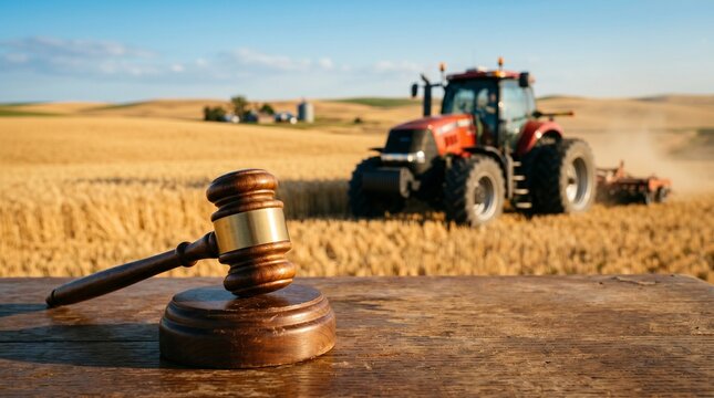 Gavel on wooden table with tractor plowing field in background symbolizing agricultural law