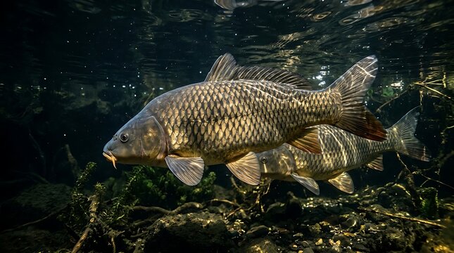 Common carp swimming underwater in a dark natural river habitat.