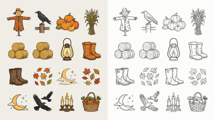 Collection of Autumn and Harvest Icons, including scarecrow, crow, pumpkins, hay bales, leaves, and moon. © renender