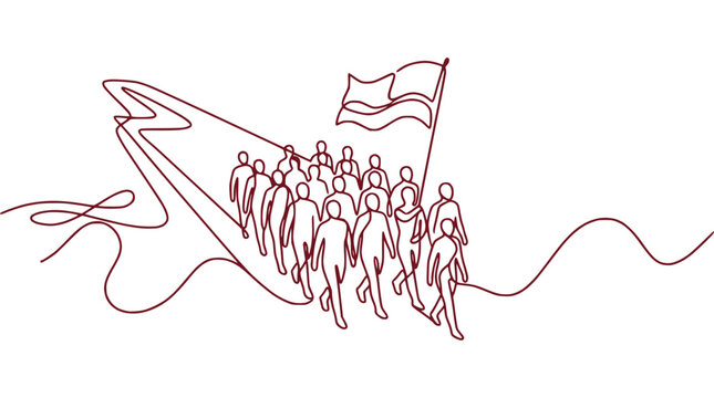 Continuous line drawing of a marching crowd with a flag, symbolizing unity, movement, and patriotism