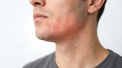 Naklejka premium Young Man with Skin Irritation and Redness on Neck and Jawline: Dermatological Concern, Allergic Reaction, or Shaving Rash