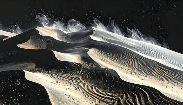 Abstract desert dunes landscape with high contrast black and white sand textures, ethereal wind blown particle effects, dramatic monochromatic ripple patterns