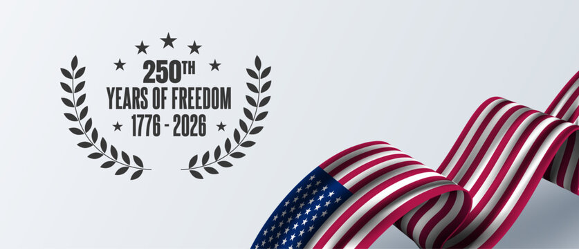 4th Of July USA 250 Freedom Celebration Banner Background With Laurel Wreath Decoration And Wavy Flag.