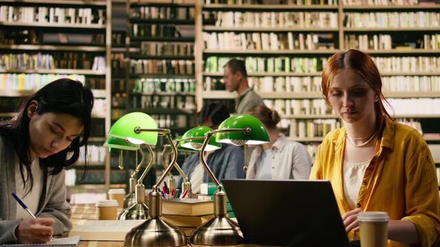 Portrait of young woman working on laptop at wooden library desk, holding coffee cup for study break, Student showcasing academic productivity at university library, independent research.
