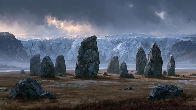 Cinematic reconstruction of an ancient stone circle on open plains with a distant ice-age glacier under stormy skies. Cold dawn light, wide landscape composition, enigmatic mood, textured realism.