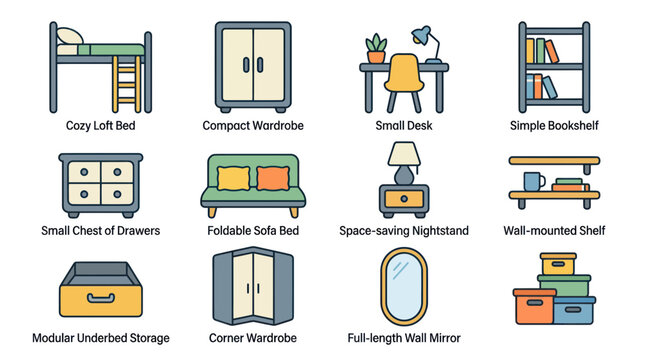 Collection of Compact Furniture Icons: Bed, Wardrobe, Desk, Sofa, Shelves
