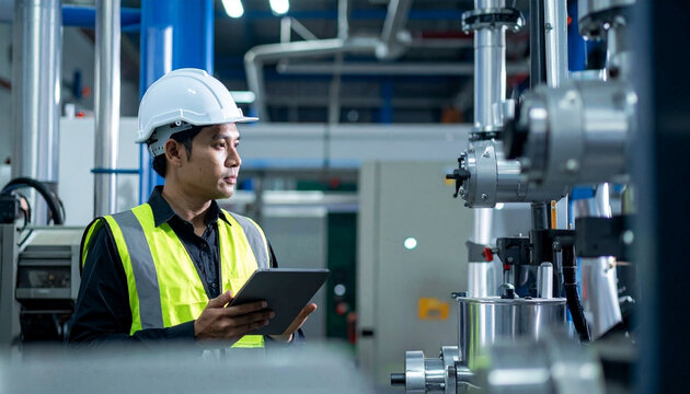 Focused Asian engineering specialist holding digital tablet monitoring automated factory infrastructure layouts with low angle view