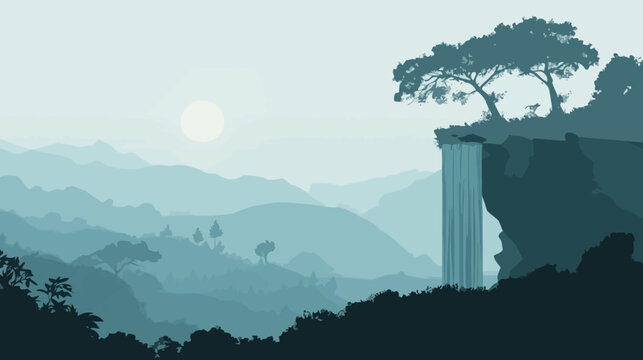 Tranquil layered mountain valley at sunrise, cliffside trees loom above at dawn