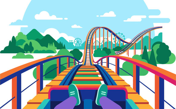 First Person View on Roller Coaster Track at Amusement Park