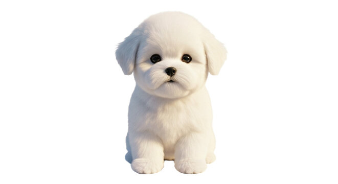 Adorable fluffy white Maltese puppy sitting and looking forward with big dark eyes PNG Isolated on transparent background