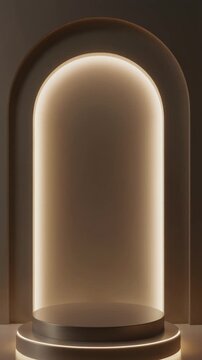 Empty circular pedestal featuring warm golden backlit illumination under a modern dark taupe archway