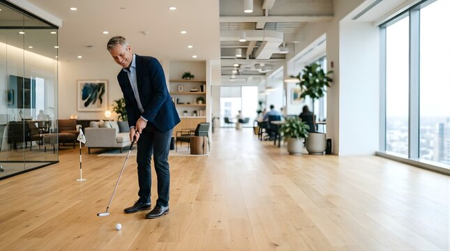 Mature businessman playing indoor golf putting on wooden office floor