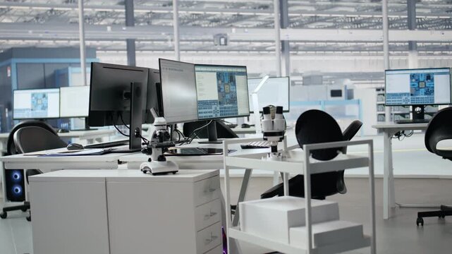 Microchip production engineering office with monitors used to supervise circuits development, empty R&D workplace developing components powering automation systems for semiconductor research.