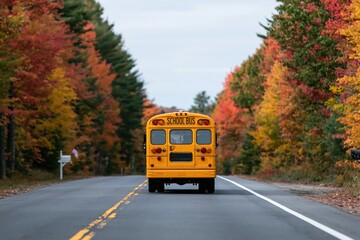 Obraz premium Bus driving a yellow school transportation vehicle on a rural autumn foliage road