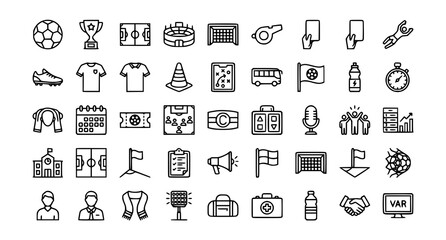Fototapeta premium Editable Stroke Football Icons Pack with Soccer Match Tournament and Training Line Symbols