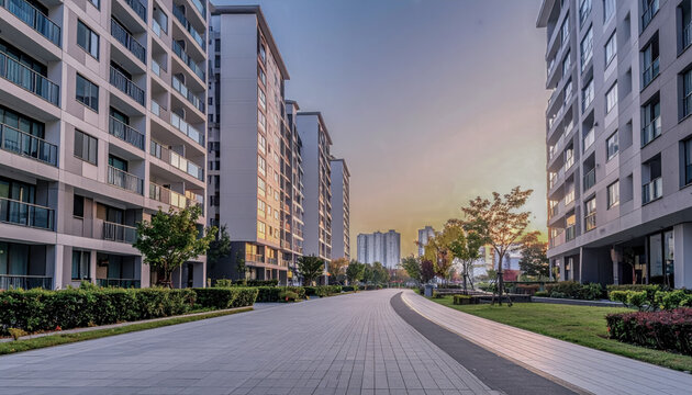 Modern Korean Apartment Complex with Walkway at Sunset