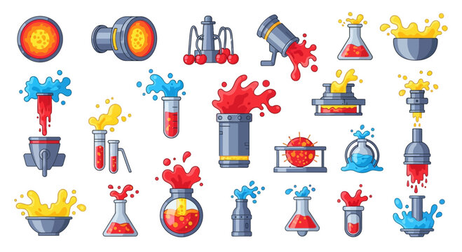Science lab equipment with colorful splashing chemical reactions set