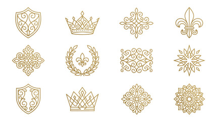 Golden ornate heraldic emblems and crests. © monkey