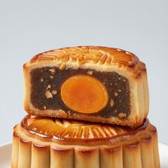 Naklejka na ściany i meble Asian pastry with salted egg yolk filling. Golden baked mooncake features traditional Chinese characters. Sweet dessert for Mid-Autumn Festival celebration. Delicious treat, often shared with family.