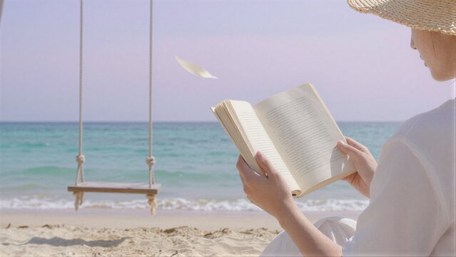 Beachside reader in straw hat, book open, swing and waves behind.