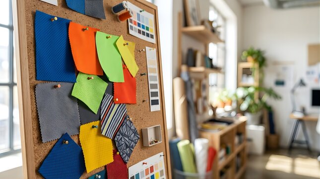 Textile fabric samples on cork board in a creative studio design office
