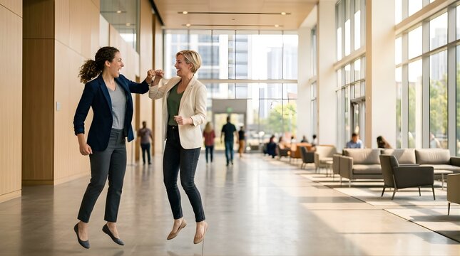 Two cheerful businesswomen jumping and fist bumping in a bright lobby