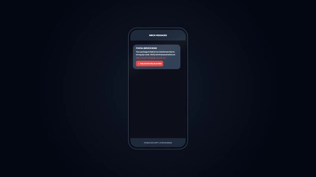 Inbox message on mobile screen showing postal service scam notification flagged as malicious block