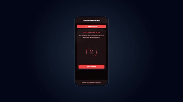 Cloud Override Subsystem Mobile Interface: Mobile smartphone screen displaying session frozen alert, lock icon, and force override button. Cybersecurity remote device lockdown animation