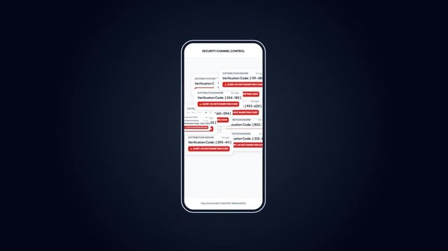 Security Channel Control Verification Popups: Mobile screen flooding with dynamic red verification code alerts and malicious input terminated status. Mobile malware and security spam attack animation