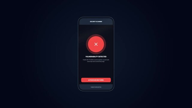 Security scanner application screen interface analyzing network and detecting vulnerability risk alert